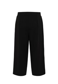 Čierne široké culottes s hladkou textúrou, s vysokým pásom a plisovanými detailmi. Navrhnuté pre voľný strih, dĺžka po členky.