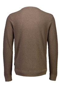 Pull en laine brun à texture, avec un motif en losanges, des manches longues et un col rond avec des poignets et un ourlet côtelés.