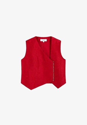 Vestă roșie fără mâneci, cu închidere frontală asimetrică, prevăzută cu mici nasturi argintii și un model discret de țesătură texturată.