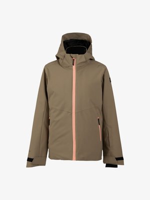 Braune Kapuzenjacke mit pinkem Reißverschluss und Taschenakzenten, verstellbaren Klettverschlüssen an den Ärmeln und Frontreißverschluss vor einem weißen Hintergrund.