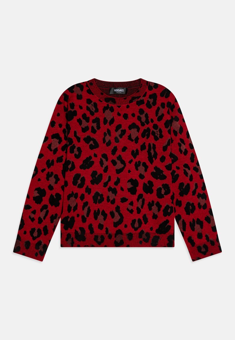 Κόκκινο πουλόβερ με μαύρη λεοπάρ κοπή. Διαθέτει στρογγυλή λαιμόκοψη και μακριά μανίκια με ραμμένα μανσέτα, κατασκευασμένο από μαλακό πλεκτό ύφασμα.