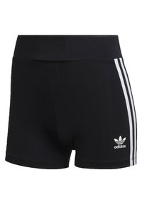 Černé sportovní šortky s vysokým pasem, na bocích s třemi bílými pruhy a malým bílým logem blízko lemu.