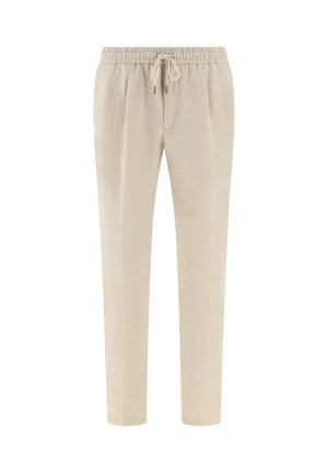Pantalon beige léger en lin avec taille élastique et cordon de serrage à l'avant, jambes droites, adapté pour une tenue décontractée.