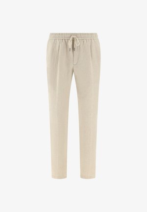 Beżowe lekkie lniane spodnie z elastycznym pasem i sznurkiem z przodu, proste nogawki, odpowiednie na co dzień.
