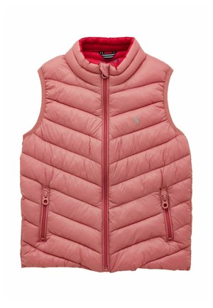 Bezrękawnik pikowany w kolorze przygaszonego różu, z przednim zamkiem błyskawicznym, dwoma kieszeniami na zamek oraz stójką, podszyty jaskrawoczerwonym materiałem.