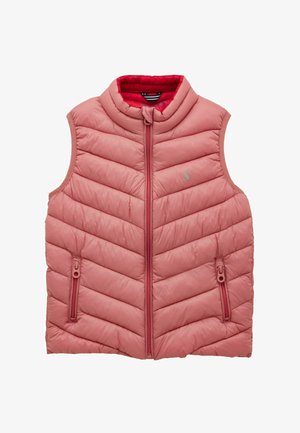 Be rankovių šviesiai rožinės spalvos pamušalu, su priekinėmis užtrauktukais, dviem kišenėmis su užtrauktukais ir stovinčiu apykakliu, pamušta ryškiai raudona spalva.