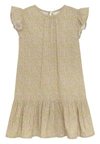 Floral dress in light green with pink and purple patterns. Features short ruffled sleeves, a gathered neckline, and a flared hem.