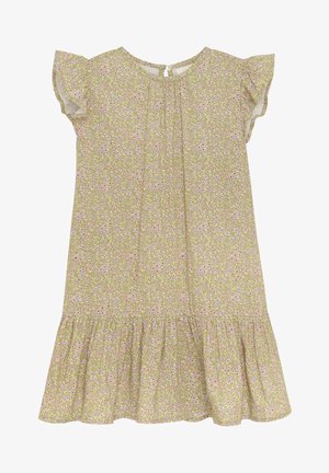 Blomstret kjole i lysegrøn med pink og lilla mønstre. Har korte volangerærmer, en samlet halsudskæring og en flagrende kant.