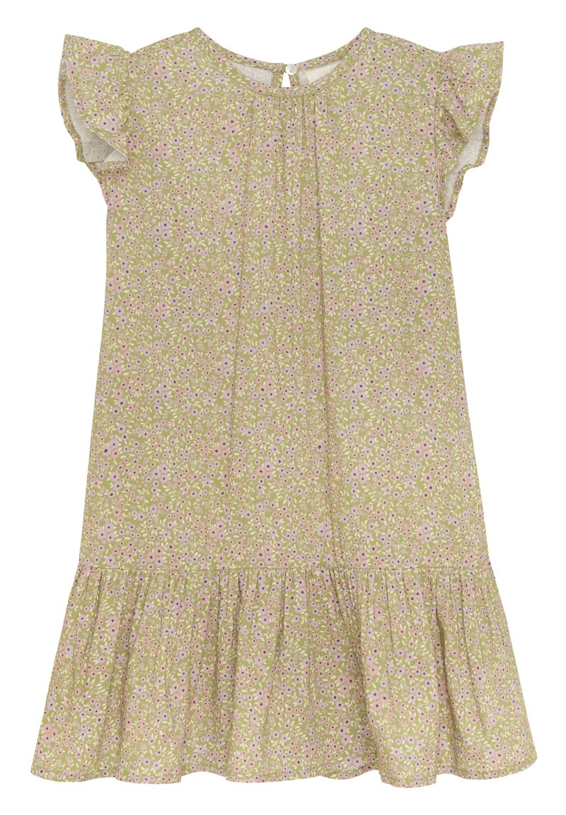 Floral dress in light green with pink and purple patterns. Features short ruffled sleeves, a gathered neckline, and a flared hem.