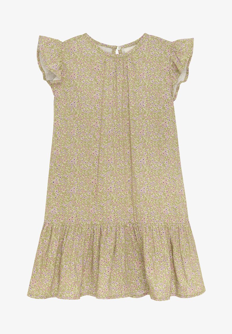 Floral dress in light green with pink and purple patterns. Features short ruffled sleeves, a gathered neckline, and a flared hem.