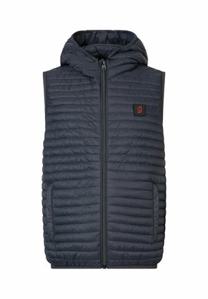 Vesta matlasată bleumarin cu glugă, având un design matlasat, închidere frontală cu fermoar și buzunare laterale. Include o emblemă cu logo pe piept.