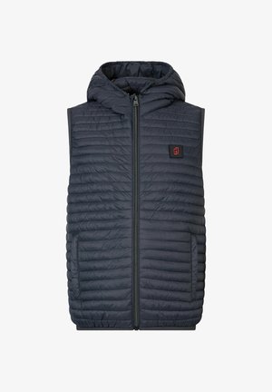 Vesta matlasată bleumarin cu glugă, având un design matlasat, închidere frontală cu fermoar și buzunare laterale. Include o emblemă cu logo pe piept.