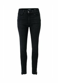 Jeans skinny de mezclilla negra con cintura alta, que cuentan con un cierre frontal de botón, dos bolsillos frontales y puños únicos con acentos metálicos.
