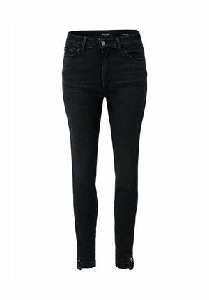 Black denim skinny jeans with a high waist, featuring a front button closure, two front pockets, and unique cuffs with metal accents.