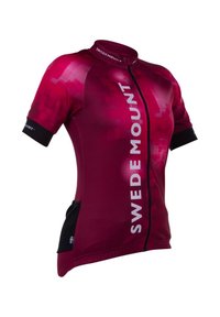 Maillot de cyclisme à manches courtes de couleur bordeaux avec un motif géométrique, doté d'une fermeture éclair sur le devant et du logo "SWEDEMOUNT" en blanc. Accents noirs aux manches.