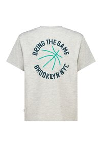 Gray cotton t-shirt featuring a round graphic on the back with text "BRING THE GAME" and "BROOKLYN NYC," accented by a basketball illustration.