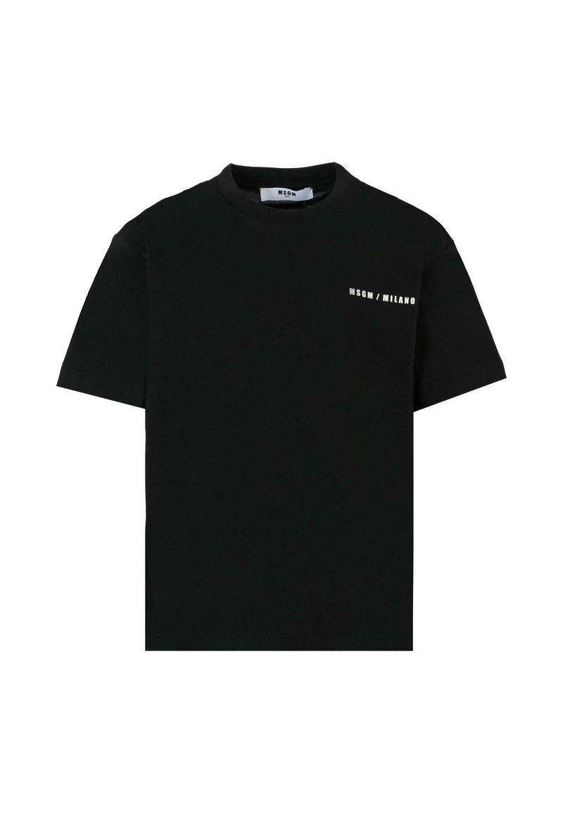 T-shirt nera in cotone con maniche corte, scollatura rotonda e un piccolo logo bianco "MSGM / MILANO" sulla parte sinistra del petto.