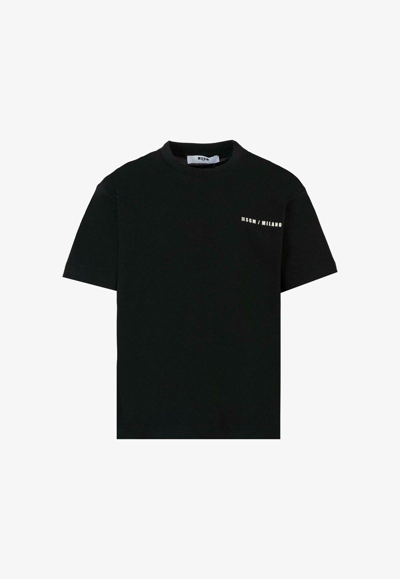 Zwarte katoen t-shirt met korte mouwen, ronde halslijn en een klein wit "MSGM / MILANO" logo op de linkerkant van de borst.