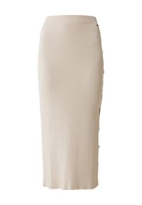 Ribbad beige penningkjol med hög midja, featuring en sidoknappdetalj och en något slitsad fåll för lättare rörelse.