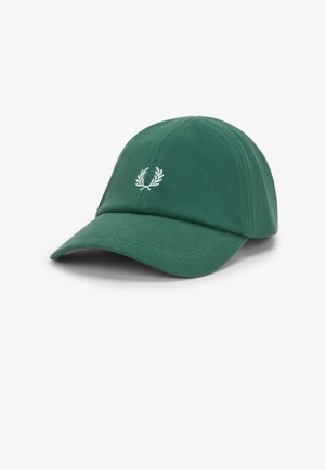 Zöld baseball sapka ívelt karimával és fehér babérkoszorú logóval, az elején középen hímezve.