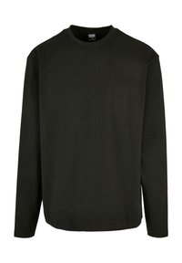 Black long-sleeve T-shirt with a round neckline, made of cotton fabric, featuring a smooth texture and straight cut design.