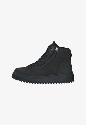 Sneaker alte nere in pelle liscia con suola in gomma texturizzata. Dotate di lacci e una zip laterale per una facile indossabilità.