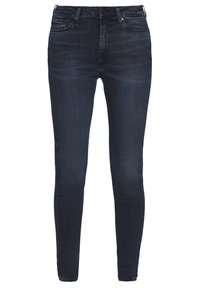 Smala jeans i mörkblå denim, med medelhög midja, klassisk femfickdesign och minimal sömnadsdetaljer.
