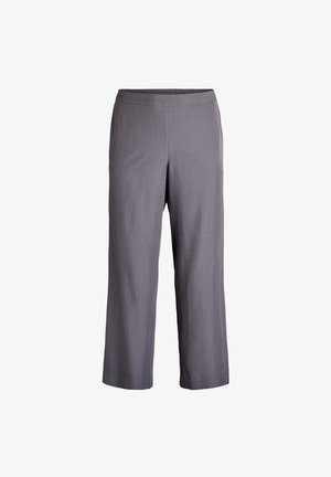 Gray cropped trousers made from smooth fabric, featuring an elastic waistband and wide-leg design. No visible patterns or embellishments.