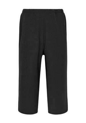 Black textured loose-fit knee-length shorts with elastic waistband and side pockets, displayed on plain white background.