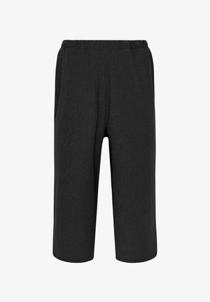 Black textured loose-fit knee-length shorts with elastic waistband and side pockets, displayed on plain white background.