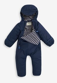 Navyblauw geïsoleerd sneeuwpak met een kap, voorzien van een gestreepte voering en een rits over de volle lengte met zijzakken. Zachte, gemêleerde stof.