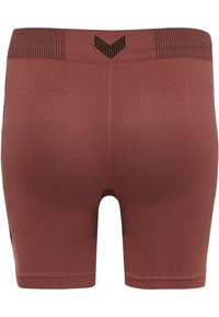 Red-brown compression shorts with a ribbed waistband and black accent detailing. Smooth texture and fitted design for support and comfort.