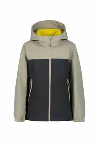 Veste grise et bleu marine avec capuche, dotée d'une doublure intérieure jaune, d'une fermeture éclair à l'avant et de deux poches latérales avec des accents jaunes. Fabriquée à partir d'un tissu lisse.