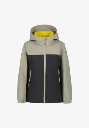 Giacca grigia e blu navy con cappuccio, dotata di una fodera interna gialla, chiusura frontale con zip e due tasche laterali con accenti gialli. Realizzata in un tessuto morbido.