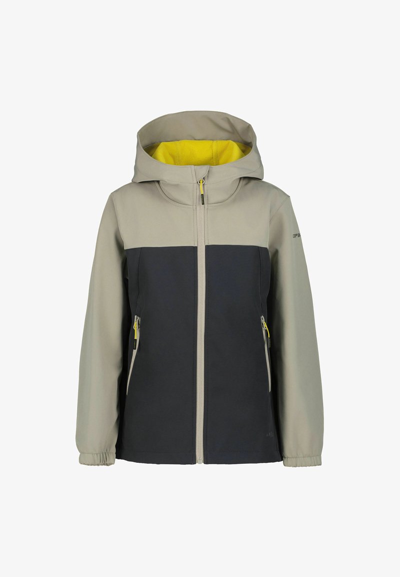 Veste grise et bleu marine avec capuche, dotée d'une doublure intérieure jaune, d'une fermeture éclair à l'avant et de deux poches latérales avec des accents jaunes. Fabriquée à partir d'un tissu lisse.