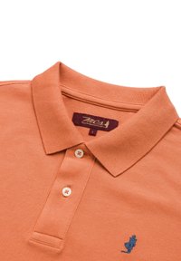 Polo shirt pesca con un tessuto texture, due bottoni e un piccolo logo ricamato blu sul lato sinistro del petto. Presenta un design di colletto classico.