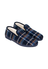 Zapatillas deslizantes de cuadro en color marino con un interior suave, suela de goma y líneas en contraste en naranja y azul en un patrón de cuadros.