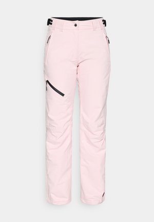 Pantaloni da sci rosa realizzati in tessuto liscio e resistente all'acqua. Presentano una tasca con zip, gambe larghe e una vita regolabile.