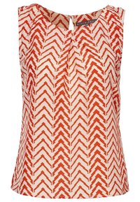 Blusa senza maniche con base crema e motivi a zigzag rossi, caratterizzata da un colletto arricciato e un dettaglio a chiave sul davanti.