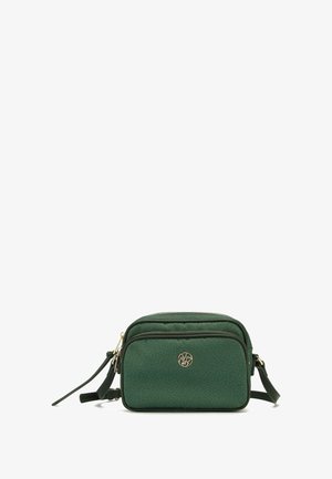 Borsa a tracolla verde in pelle con due scomparti con zip, texture embossata, dettaglio del logo in oro e tracolla regolabile.