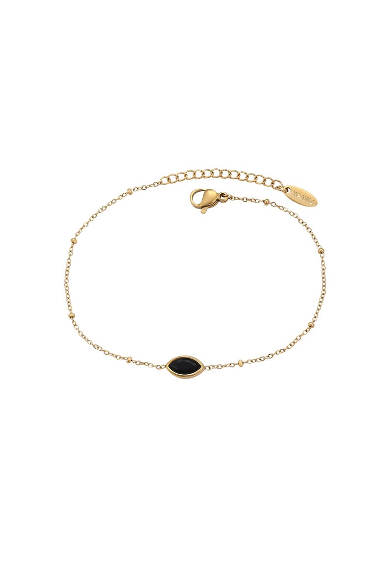 Braccialetto in catena d'oro con un centro in pietra nera allungata, perline rotonde e chiusura a moschettone, dotato di catena di estensione regolabile.