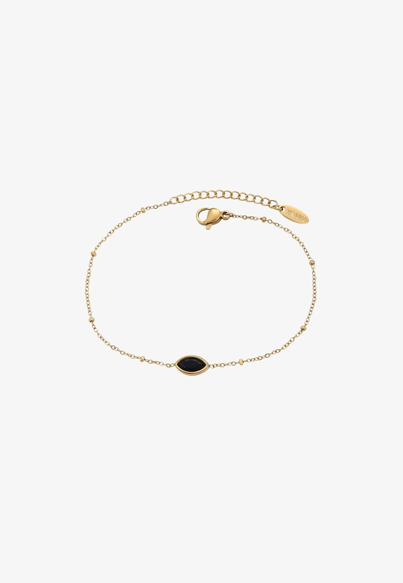 Zelta ķēdes rokassprādze ar garenisku melnu dārgakmeņu centru, apaļām pērlēm un omāru sprādzi, kā arī regulējamu pagarināšanas ķēdi.