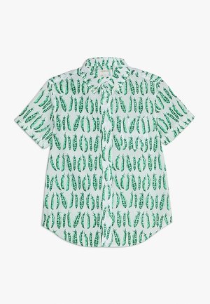 Koszula na guziki z krótkim rękawem w jasnym zielonym kolorze z wzorem zielonego groszku i strąków. Materiał wydaje się lekki o gładkiej fakturze.