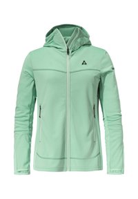 Mintgrüne Zip-Jacke mit Kapuze, aus strukturiertem Stoff, zwei seitlichen Reißverschlusstaschen und einem Logo auf der Brust.