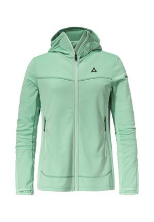 Mintgrüne Zip-Jacke mit Kapuze, aus strukturiertem Stoff, zwei seitlichen Reißverschlusstaschen und einem Logo auf der Brust.