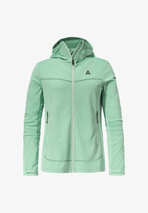 Mintgrüne Zip-Jacke mit Kapuze, aus strukturiertem Stoff, zwei seitlichen Reißverschlusstaschen und einem Logo auf der Brust.