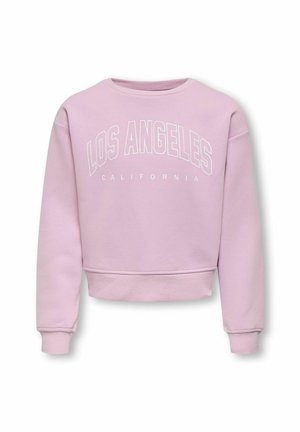 Lilla crewneck-sweatshirt med "LOS ANGELES" i store hvide bogstaver og "CALIFORNIA" nedenunder i mindre hvide bogstaver, lange ærmer, ribbede manchetter og kant.