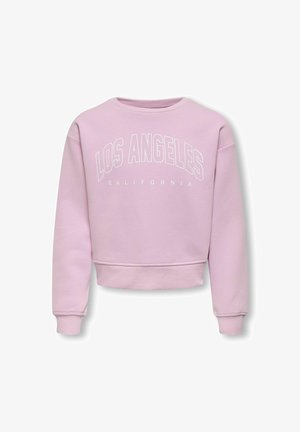 Sweat-shirt lilas à col rond avec "LOS ANGELES" en grandes lettres blanches et "CALIFORNIA" en dessous en lettres blanches plus petites, manches longues, poignets et ourlet côtelés.