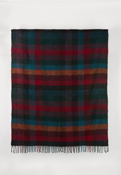 Multicolored plaid blanket featuring dark red, blue, green, and brown stripes. Soft texture with fringe detail along the bottom edge.