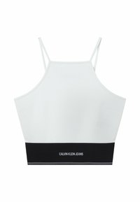 Cropped top bianco con spalline sottili e una fascia elastica nera in fondo, con il nome del marchio "CALVIN KLEIN JEANS" stampato in bianco.